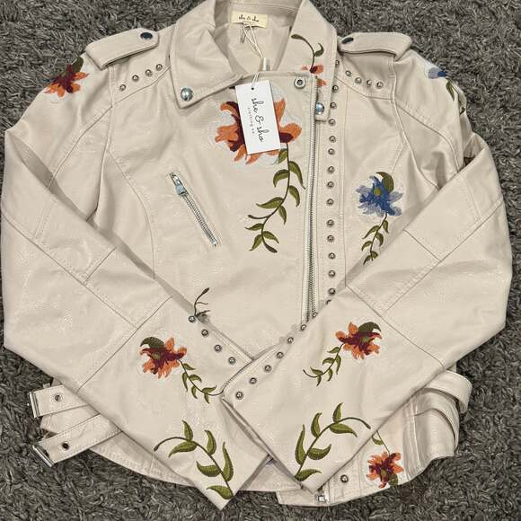 She & Sho Jackets & Blazers - She and Sho Clothing Floral Embroidered and Studded Faux Leather Moto Jacket